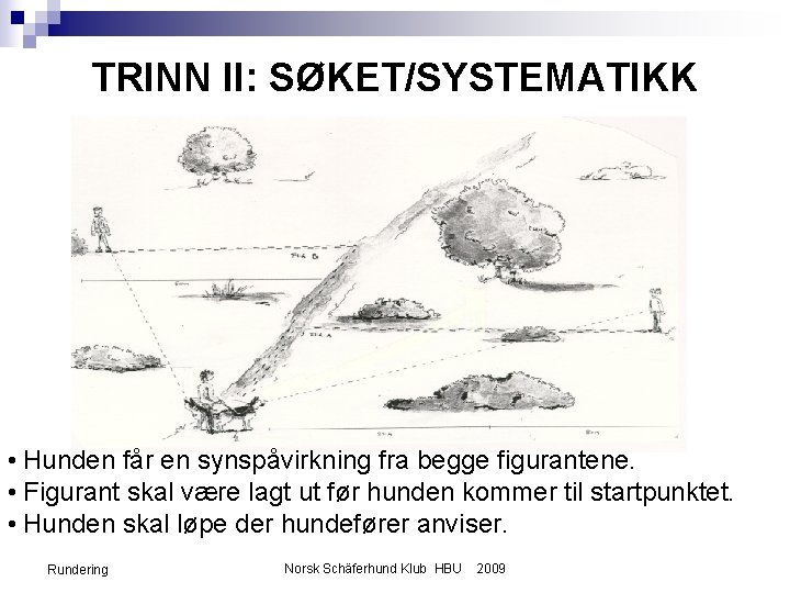 TRINN II: SØKET/SYSTEMATIKK • Hunden får en synspåvirkning fra begge figurantene. • Figurant skal