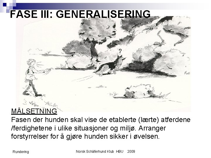 FASE III: GENERALISERING MÅLSETNING Fasen der hunden skal vise de etablerte (lærte) atferdene /ferdighetene