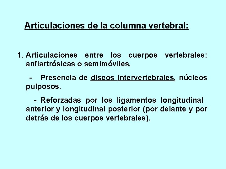 Articulaciones de la columna vertebral: 1. Articulaciones entre los cuerpos vertebrales: anfiartrósicas o semimóviles.