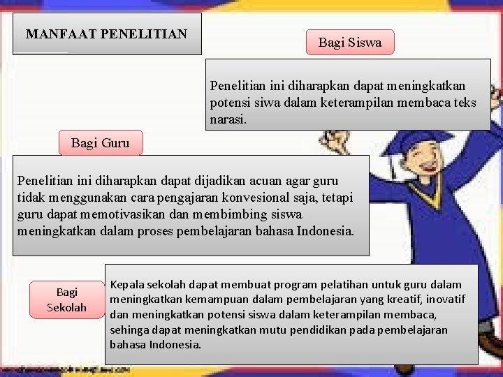 MANFAAT PENELITIAN Bagi Siswa Penelitian ini diharapkan dapat meningkatkan potensi siwa dalam keterampilan membaca