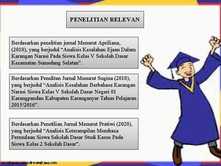  PENELITIAN RELEVAN Berdasarkan penelitian jurnal Menurut Apriliana, (2018), yang berjudul “Analisis Kesalahan Ejaan