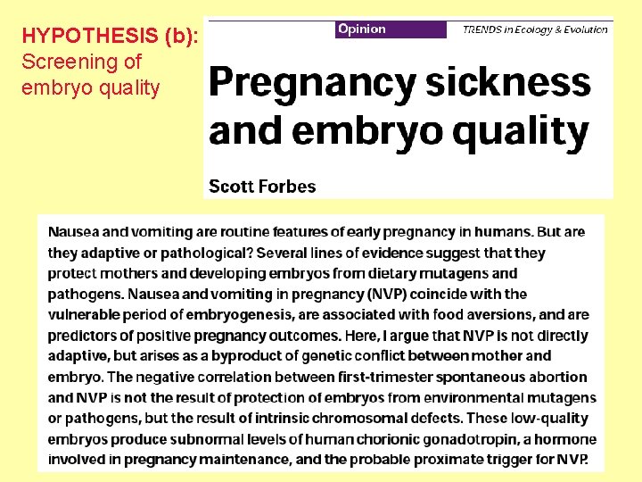 HYPOTHESIS (b): Screening of embryo quality 