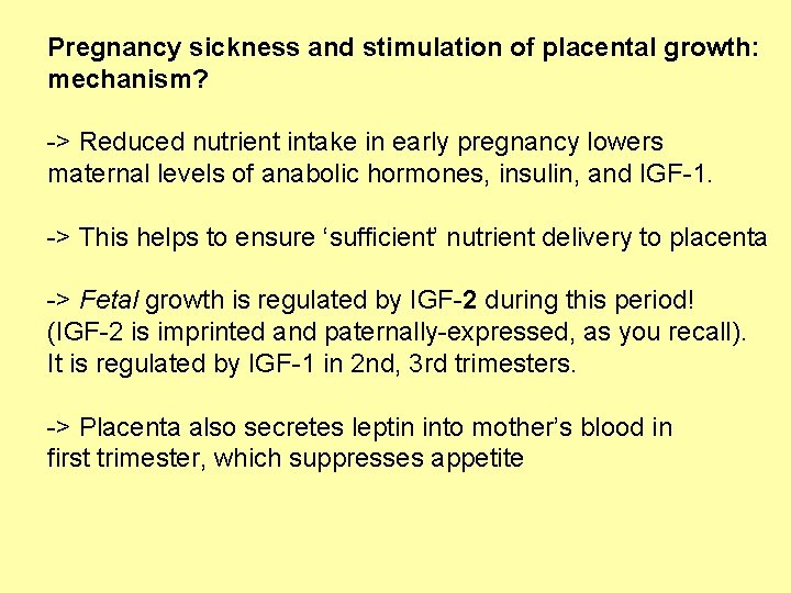 Pregnancy sickness and stimulation of placental growth: mechanism? -> Reduced nutrient intake in early