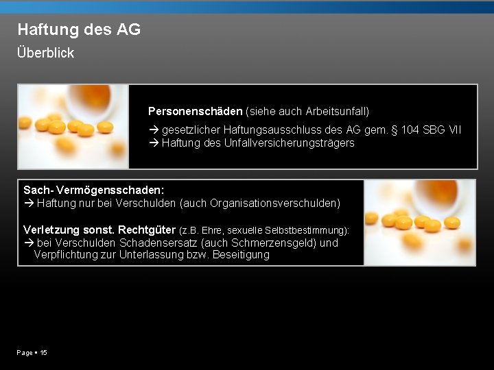 Haftung des AG Überblick Personenschäden (siehe auch Arbeitsunfall) gesetzlicher Haftungsausschluss des AG gem. §