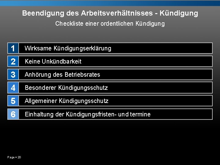 Beendigung des Arbeitsverhältnisses - Kündigung Checkliste einer ordentlichen Kündigung 1 Wirksame Kündigungserklärung 2 Keine