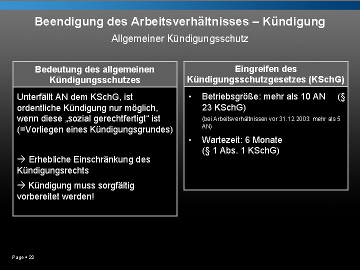 Beendigung des Arbeitsverhältnisses – Kündigung Allgemeiner Kündigungsschutz Bedeutung des allgemeinen Kündigungsschutzes Unterfällt AN dem