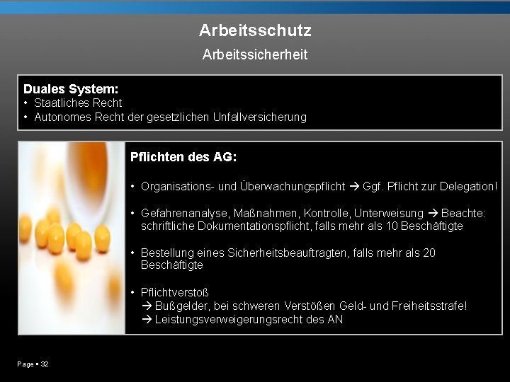 Arbeitsschutz Arbeitssicherheit Duales System: • Staatliches Recht • Autonomes Recht der gesetzlichen Unfallversicherung Pflichten