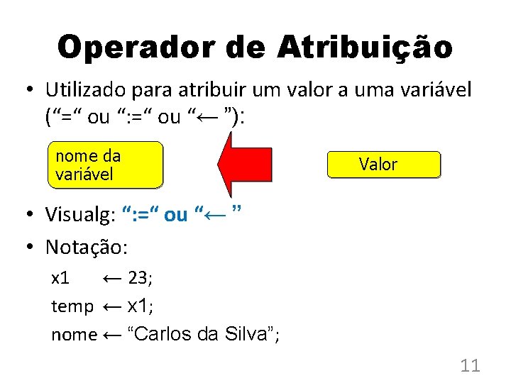 Operador de Atribuição • Utilizado para atribuir um valor a uma variável (“=“ ou