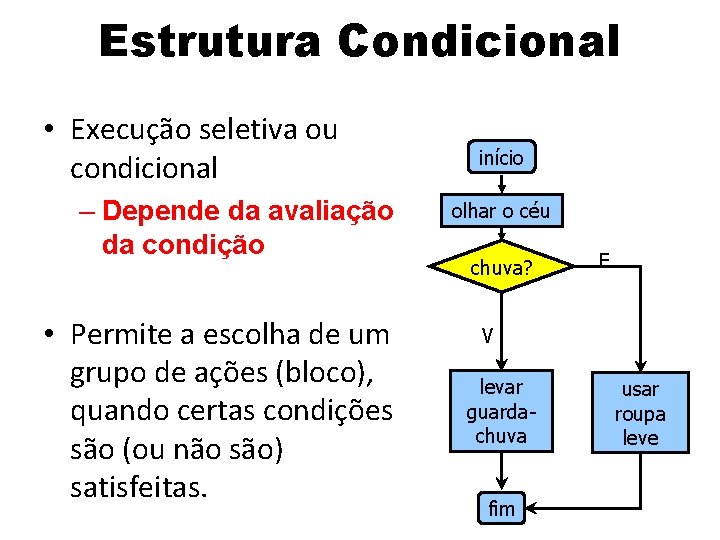 Estrutura Condicional • Execução seletiva ou condicional – Depende da avaliação da condição •