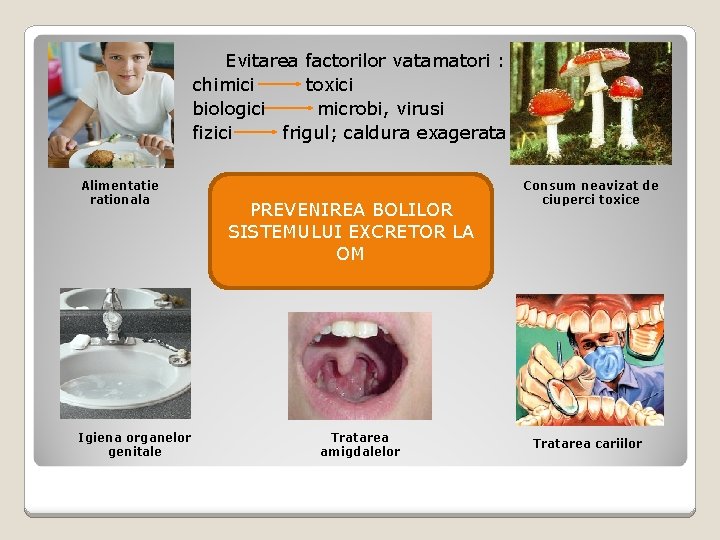 Evitarea factorilor vatamatori : chimici toxici biologici microbi, virusi fizici frigul; caldura exagerata Alimentatie