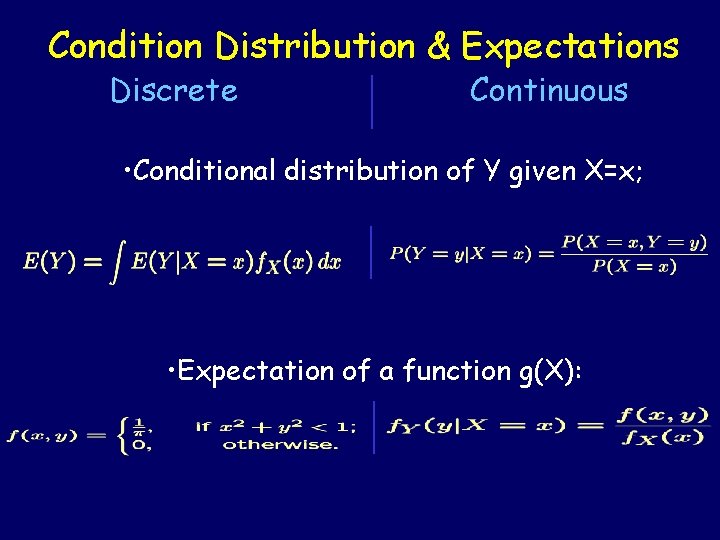 Condition Distribution & Expectations Discrete Continuous • Conditional distribution of Y given X=x; •