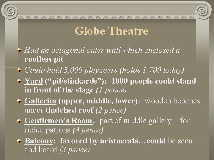 Globe Theatre Had an octagonal outer wall which enclosed a roofless pit Could hold