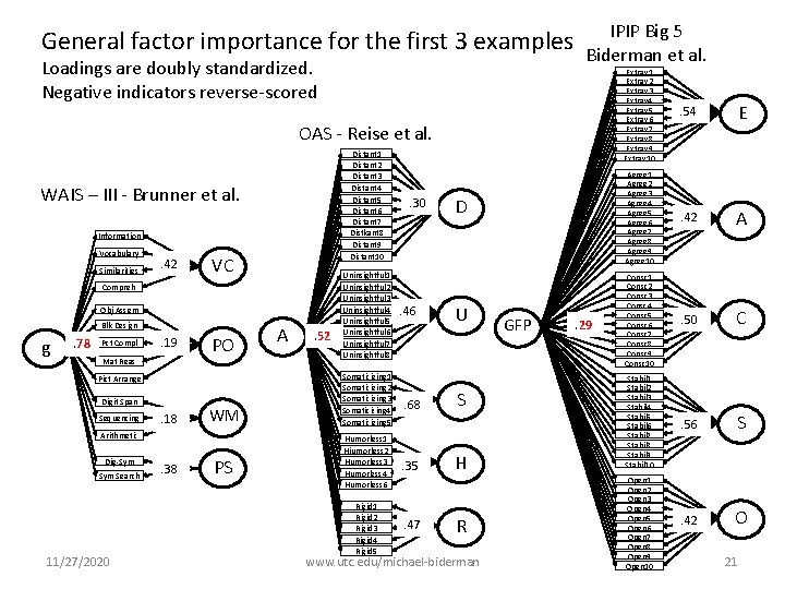 General factor importance for the first 3 examples Loadings are doubly standardized. Negative indicators