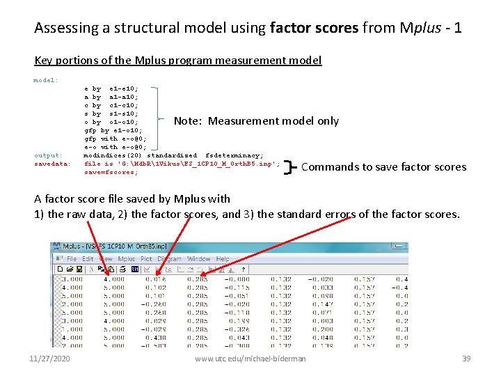 Assessing a structural model using factor scores from Mplus - 1 Key portions of