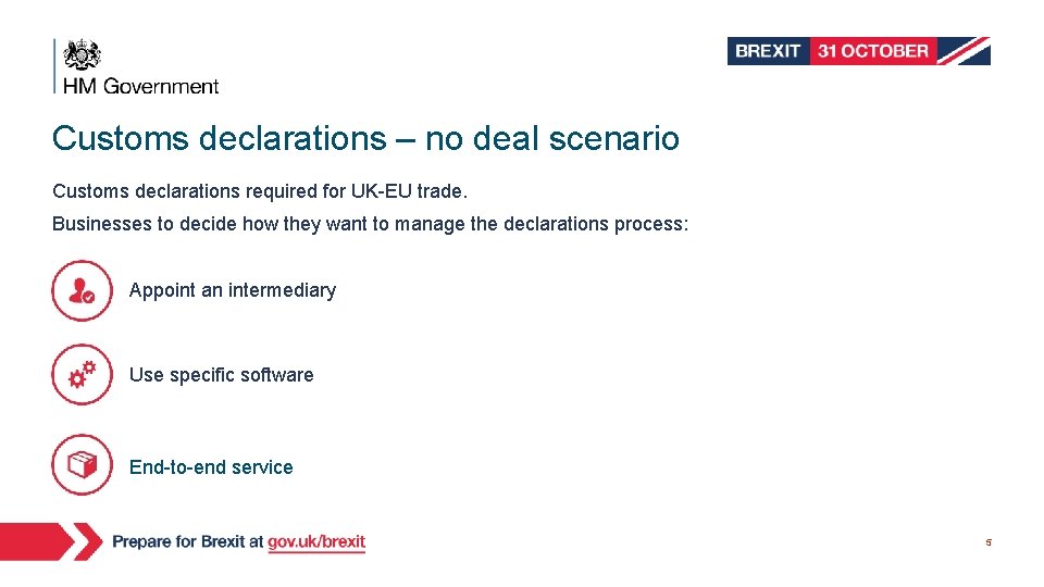 Customs declarations – no deal scenario Customs declarations required for UK-EU trade. Businesses to