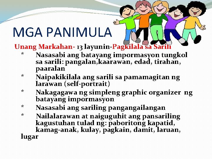 MGA PANIMULA Unang Markahan- 13 layunin-Pagkilala sa Sarili * Nasasabi ang batayang impormasyon tungkol