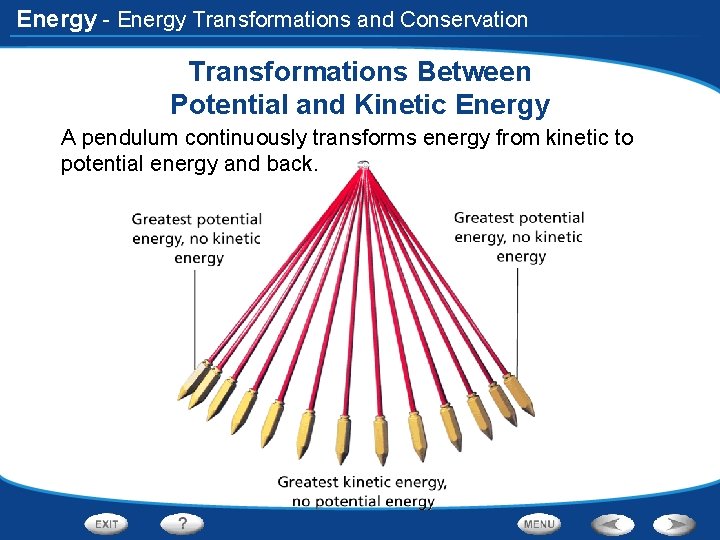 Energy - Energy Transformations and Conservation Transformations Between Potential and Kinetic Energy A pendulum