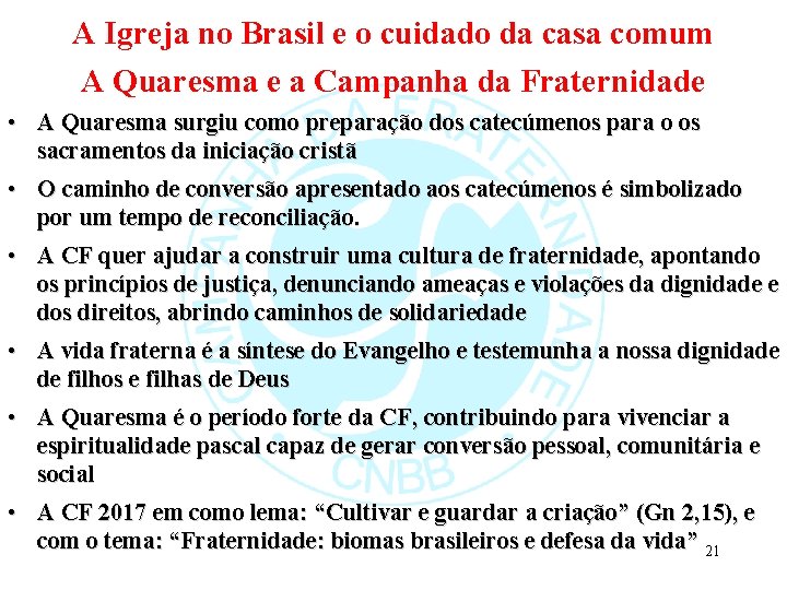 A Igreja no Brasil e o cuidado da casa comum A Quaresma e a