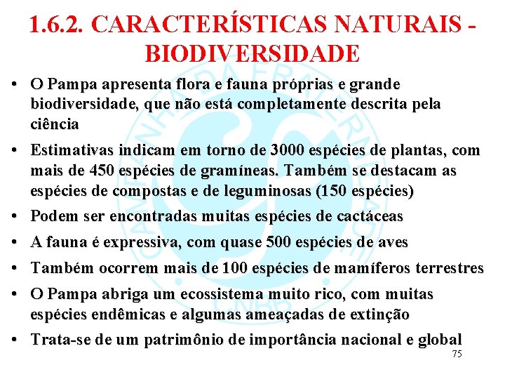 1. 6. 2. CARACTERÍSTICAS NATURAIS BIODIVERSIDADE • O Pampa apresenta flora e fauna próprias