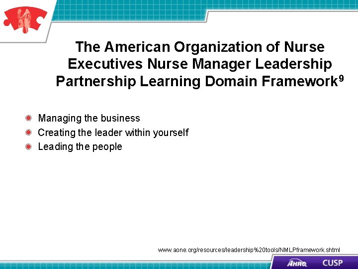 The American Organization of Nurse Executives Nurse Manager Leadership Partnership Learning Domain Framework 9 The American Organization of Nurse Executives Nurse Manager Leadership Partnership Learning Domain Framework 9