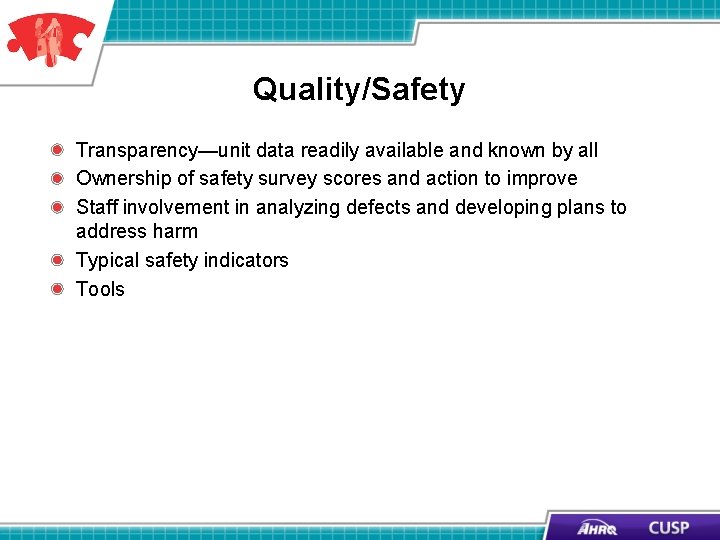 Quality/Safety Transparency—unit data readily available and known by all Ownership of safety survey scores Quality/Safety Transparency—unit data readily available and known by all Ownership of safety survey scores