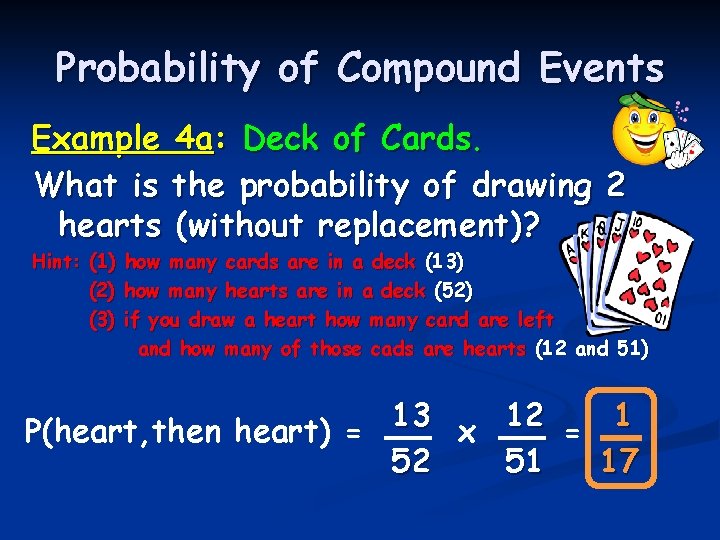 Probability of Compound Events Example 4 a: Deck of Cards. What is the probability