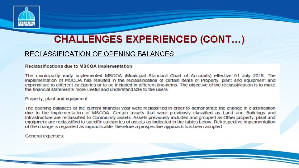 CHALLENGES EXPERIENCED (CONT…) RECLASSIFICATION OF OPENING BALANCES 