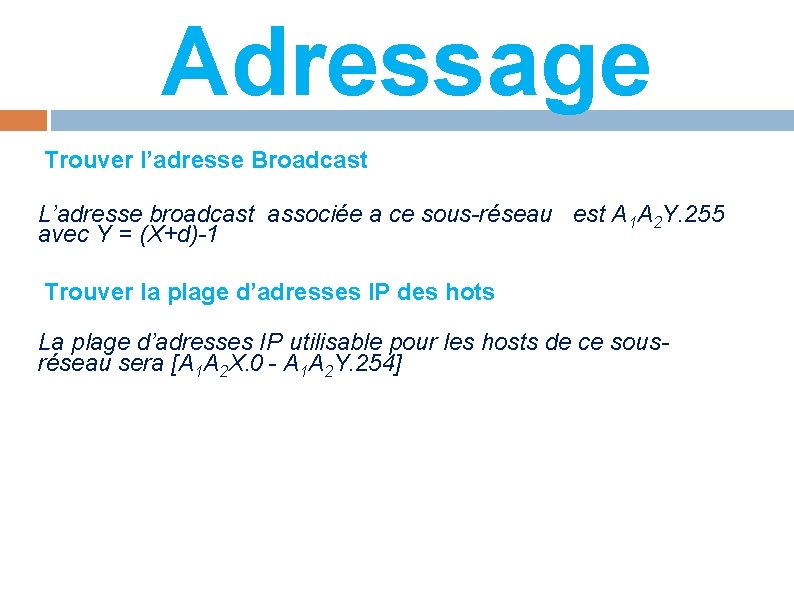 Adressage Trouver l’adresse Broadcast L’adresse broadcast associée a ce sous-réseau est A 1 A