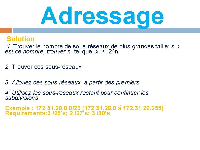 Adressage Solution 1. Trouver le nombre de sous-réseaux de plus grandes taille; si x