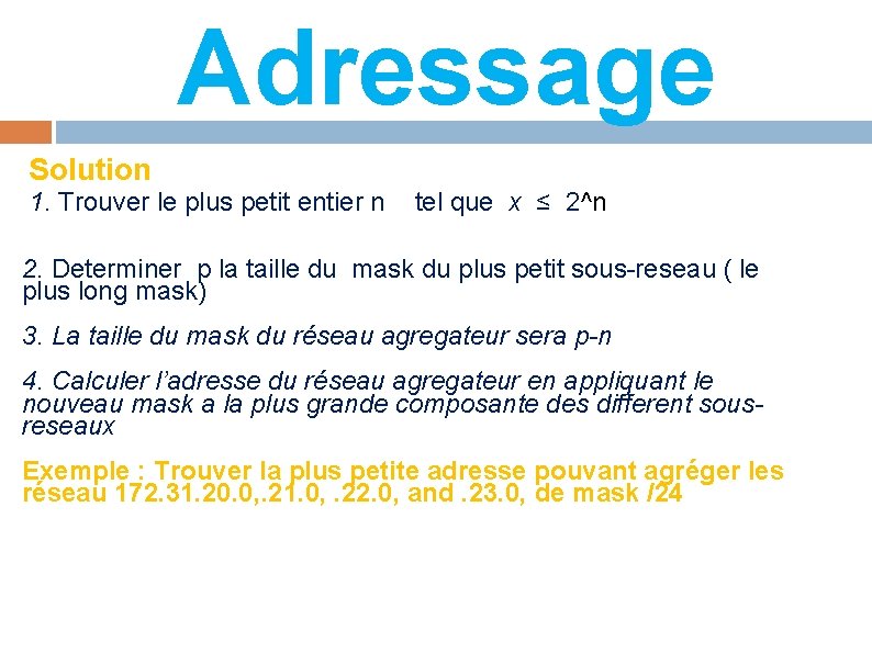 Adressage Solution 1. Trouver le plus petit entier n tel que x ≤ 2^n