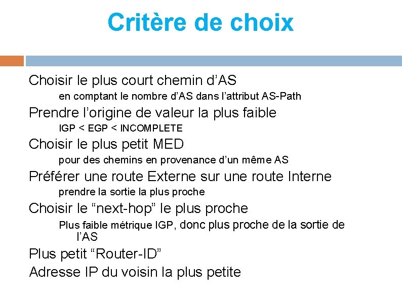 Critère de choix Choisir le plus court chemin d’AS en comptant le nombre d’AS