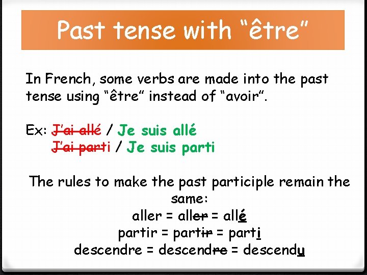 Past tense with “être” In French, some verbs are made into the past tense