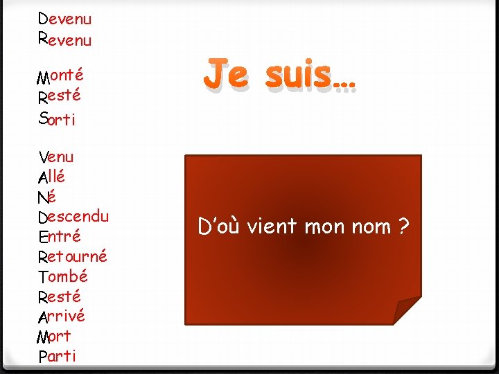 Devenu Revenu Monté Resté Sorti Venu Allé Né Descendu Entré Retourné Tombé Resté Arrivé