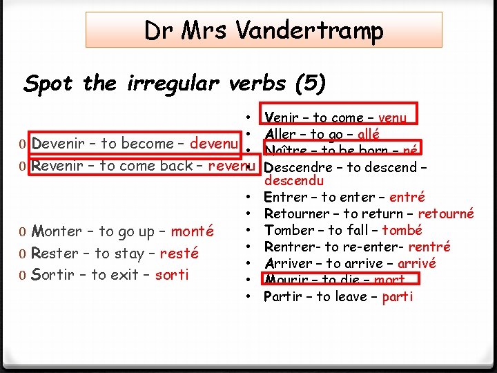 Dr Mrs Vandertramp Spot the irregular verbs (5) • • 0 Devenir – to