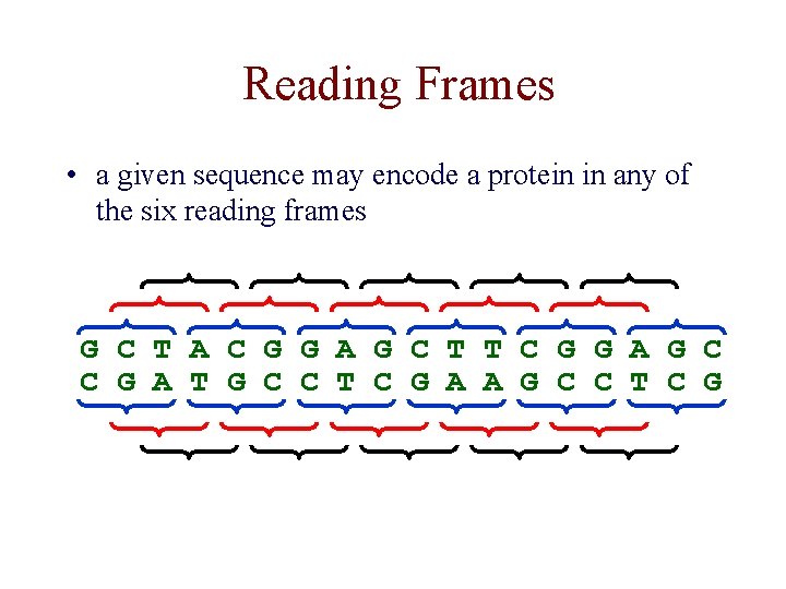 Reading Frames • a given sequence may encode a protein in any of the