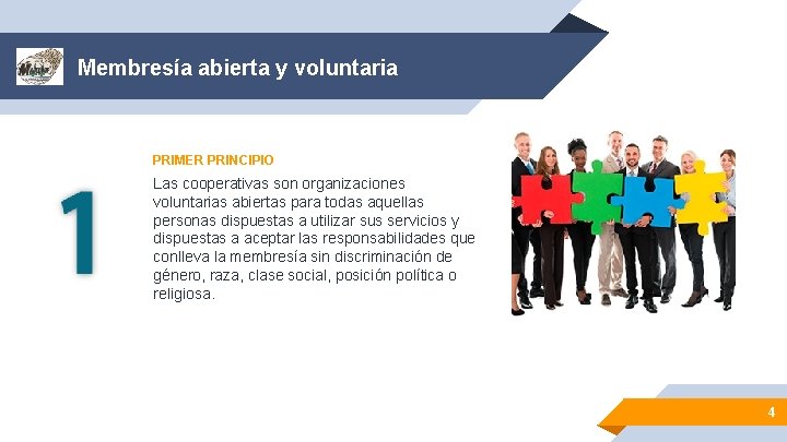 Membresía abierta y voluntaria PRIMER PRINCIPIO Las cooperativas son organizaciones voluntarias abiertas para todas