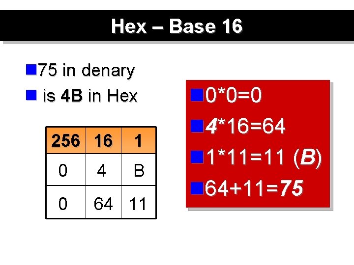 Hex – Base 16 n 75 in denary n is 4 B in Hex