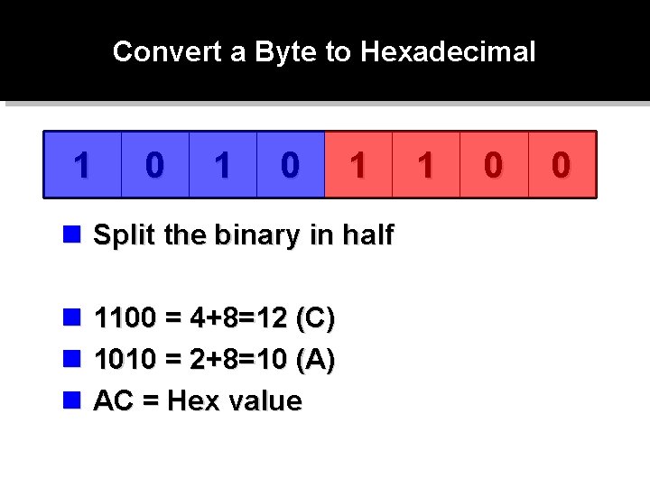 Convert a Byte to Hexadecimal 1 0 1 n Split the binary in half