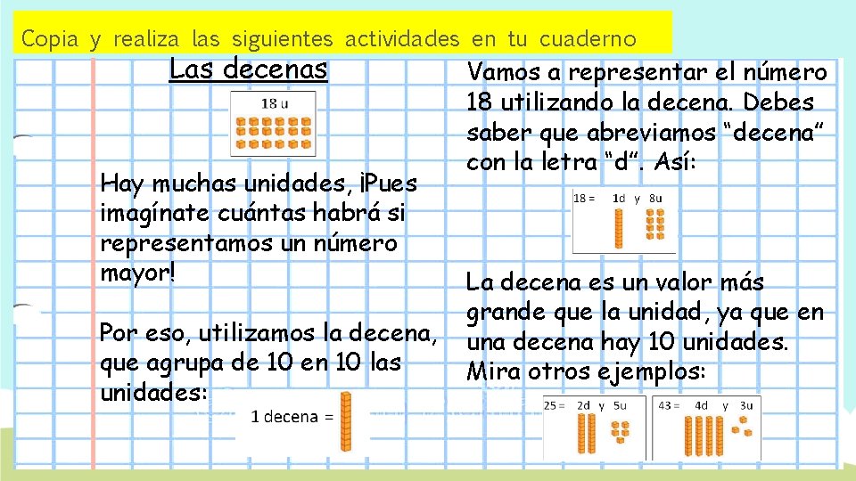Copia y realiza las siguientes actividades en tu cuaderno Las decenas Hay muchas unidades,