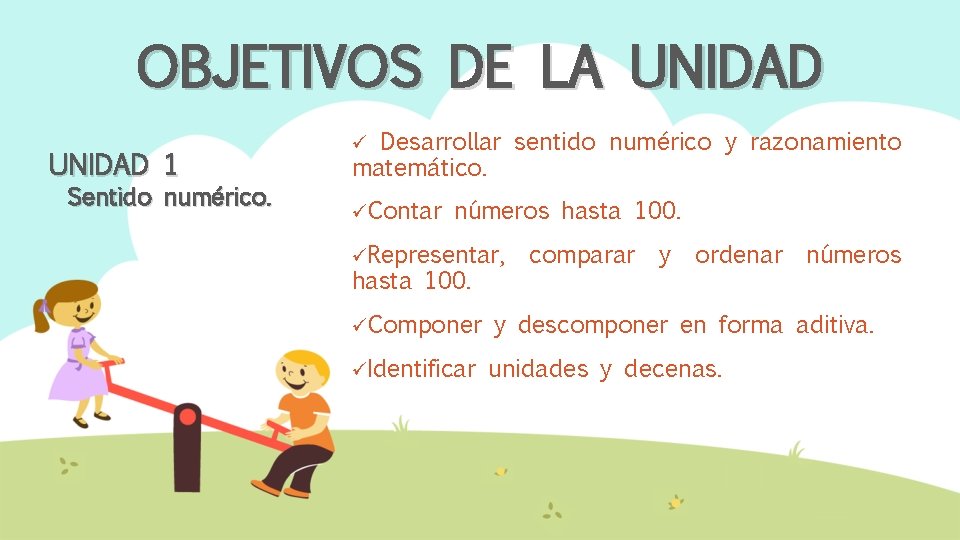 OBJETIVOS DE LA UNIDAD 1 Sentido numérico. Desarrollar sentido numérico y razonamiento matemático. ü