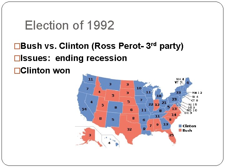 Election of 1992 �Bush vs. Clinton (Ross Perot- 3 rd party) �Issues: ending recession