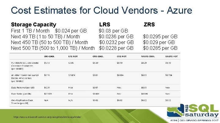 Cost Estimates for Cloud Vendors - Azure Storage Capacity LRS ZRS First 1 TB
