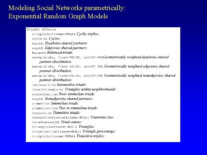 Modeling Social Networks parametrically: Exponential Random Graph Models 