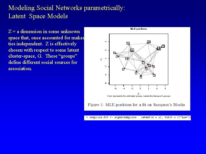 Modeling Social Networks parametrically: Latent Space Models Z = a dimension in some unknown