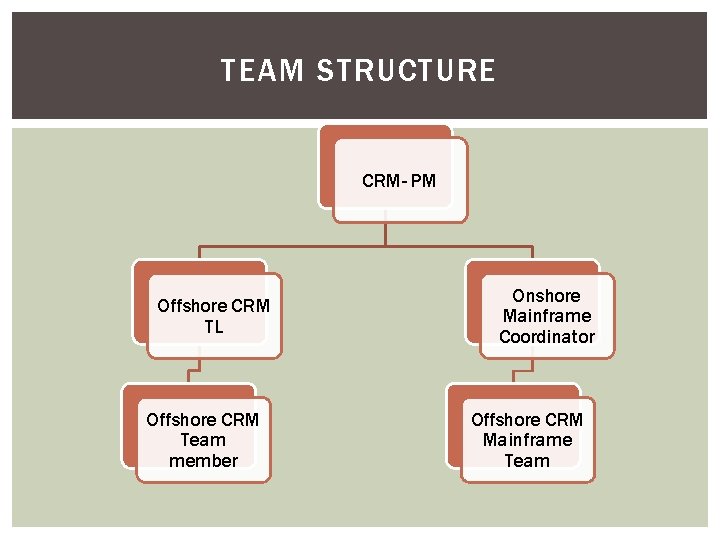 TEAM STRUCTURE CRM- PM Offshore CRM TL Offshore CRM Team member Onshore Mainframe Coordinator