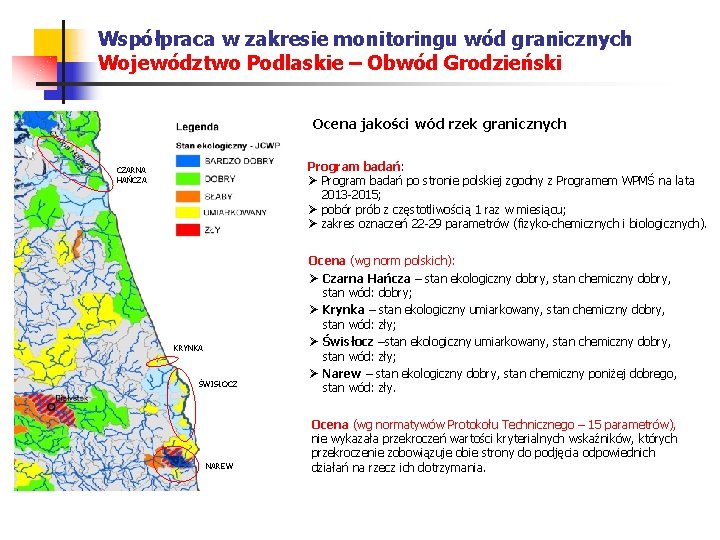 Współpraca w zakresie monitoringu wód granicznych Województwo Podlaskie – Obwód Grodzieński Ocena jakości wód