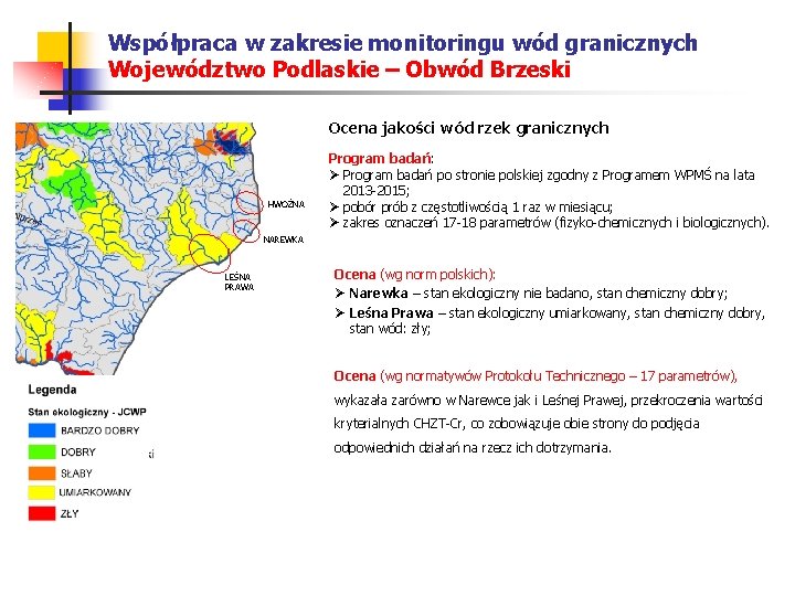 Współpraca w zakresie monitoringu wód granicznych Województwo Podlaskie – Obwód Brzeski Ocena jakości wód