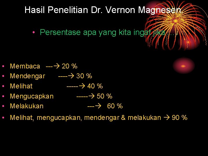 Hasil Penelitian Dr. Vernon Magnesen. • Persentase apa yang kita ingat jika …. •