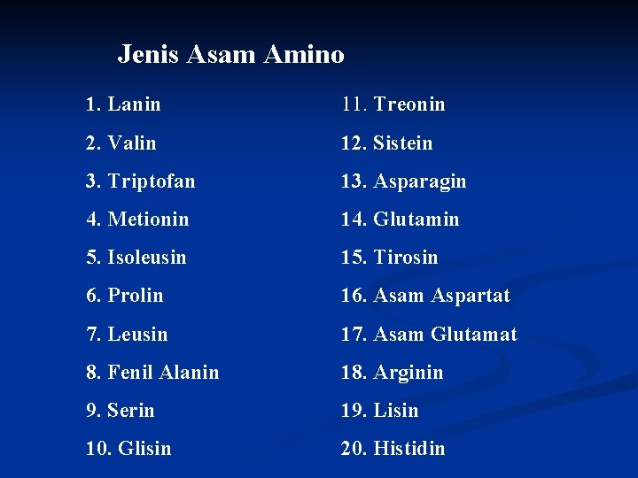 Jenis Asam Amino 1. Lanin 11. Treonin 2. Valin 12. Sistein 3. Triptofan 13.