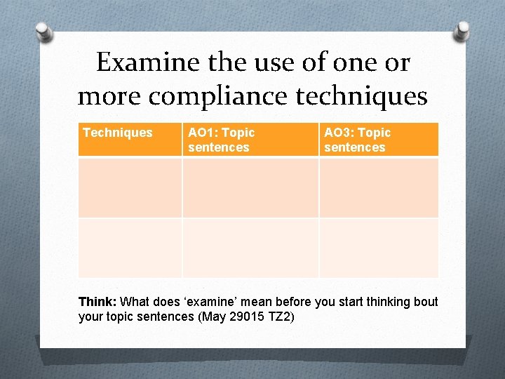 Examine the use of one or more compliance techniques Techniques AO 1: Topic sentences